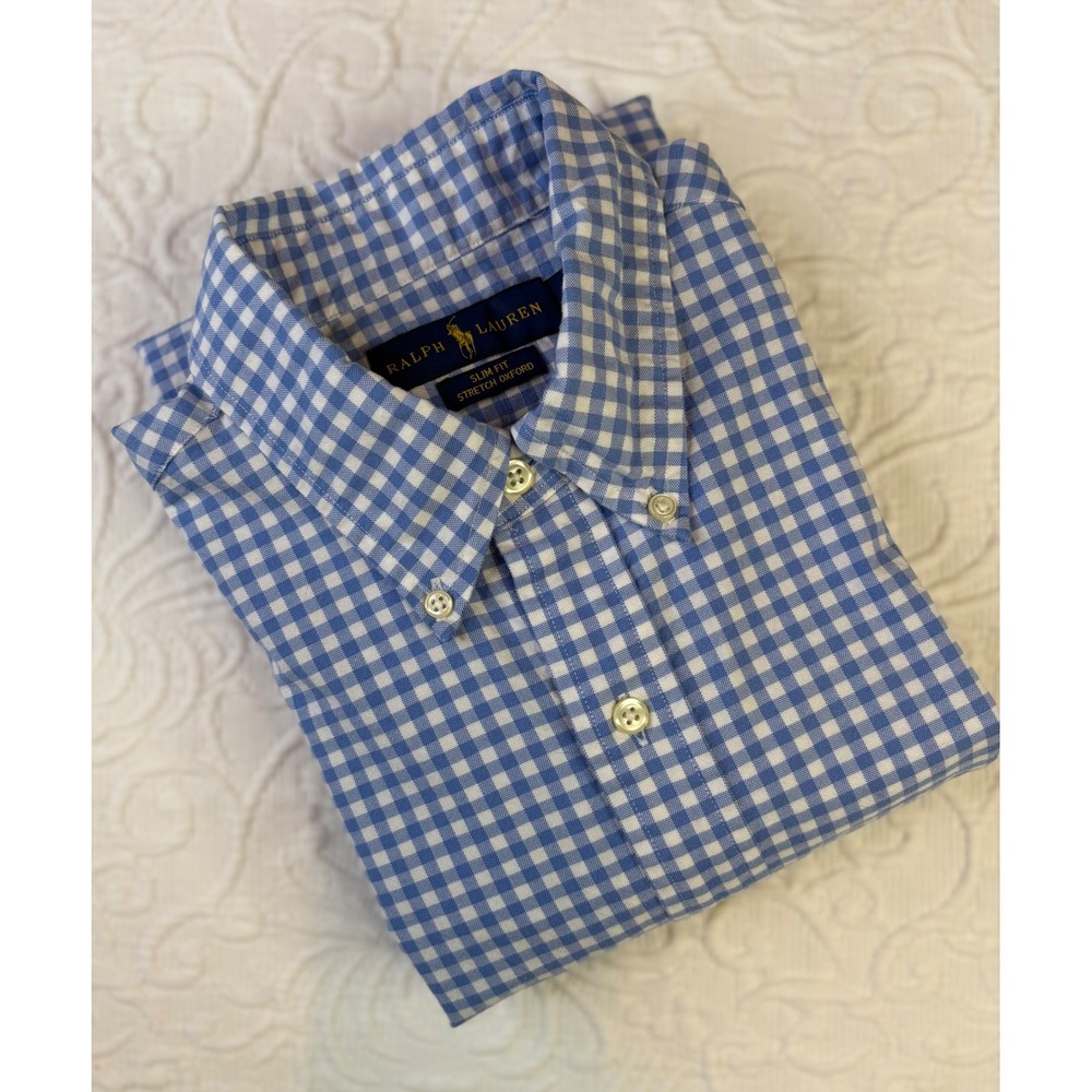 Ralph Lauren Mens Slim Fit Stretch Oxford Gingham Button Down Shirt Blue White M